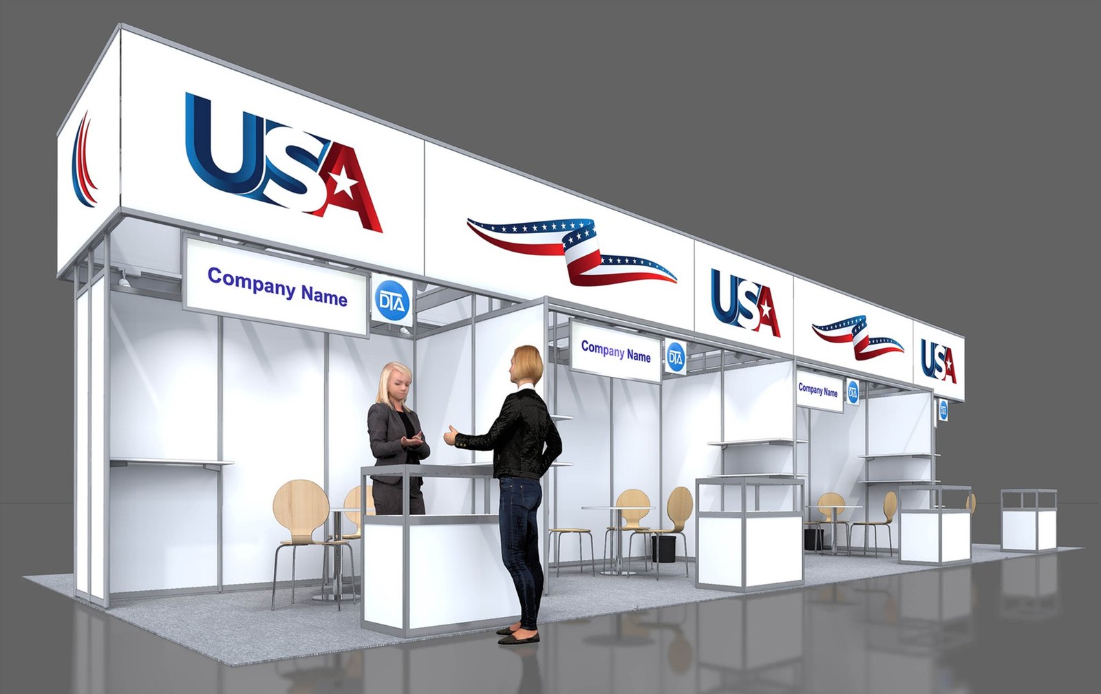 Rendering of the USA Pavilion at IDS 2027 in Cologne: a row of white-walled booths under a USA sign